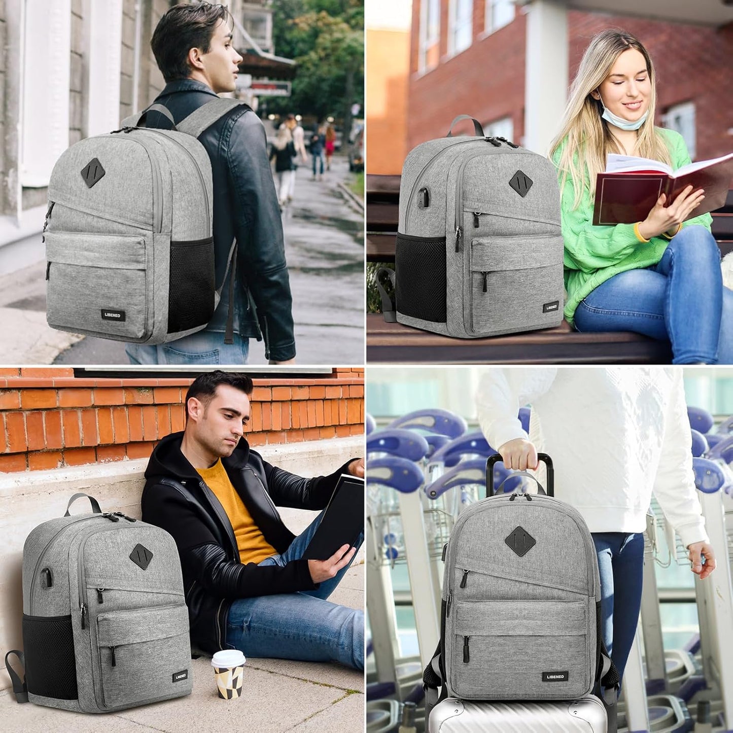 School Backpack for Teen Boys and Girls, with 17.3 inch Laptop Sleeve, Large Computer Bag Mochila with 2 Compartments, Ergonomic Straps, Grey