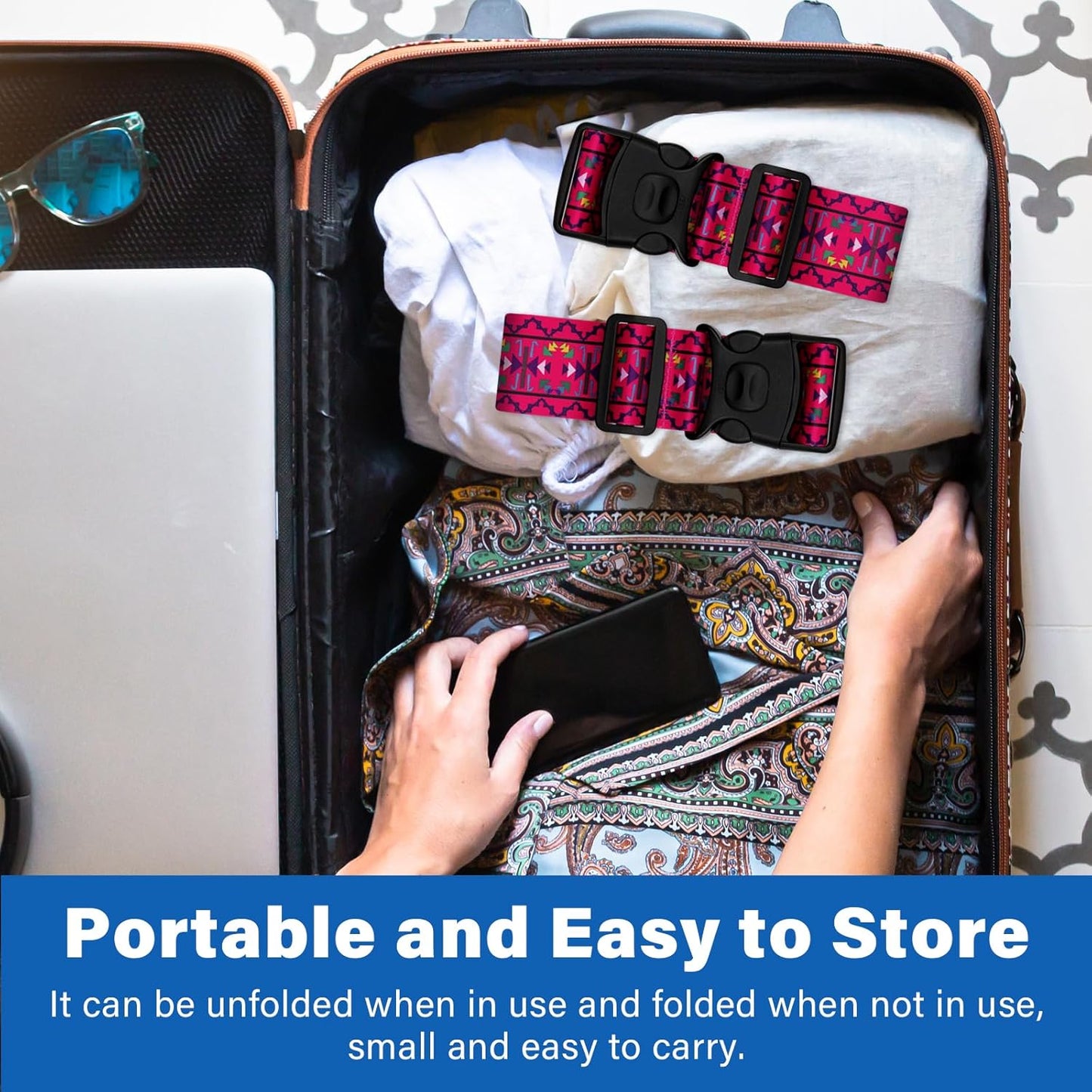 2 Pack Luggage Straps for Suitcases, Adjustable Travel Belt with Double Lock and Quick Release Buckle, Heavy Duty Nylon Bag Packing Strap, Bright Identifiers Business Travel Accessories-Pink Totem