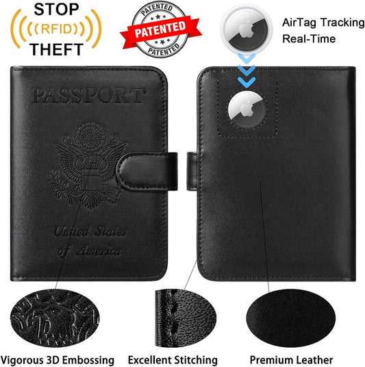 Airtag Passport Holder Cover Wallet RFID Blocking Leather Case Travel Essentials Luggage Accessories Travel Must Have(118#Black)