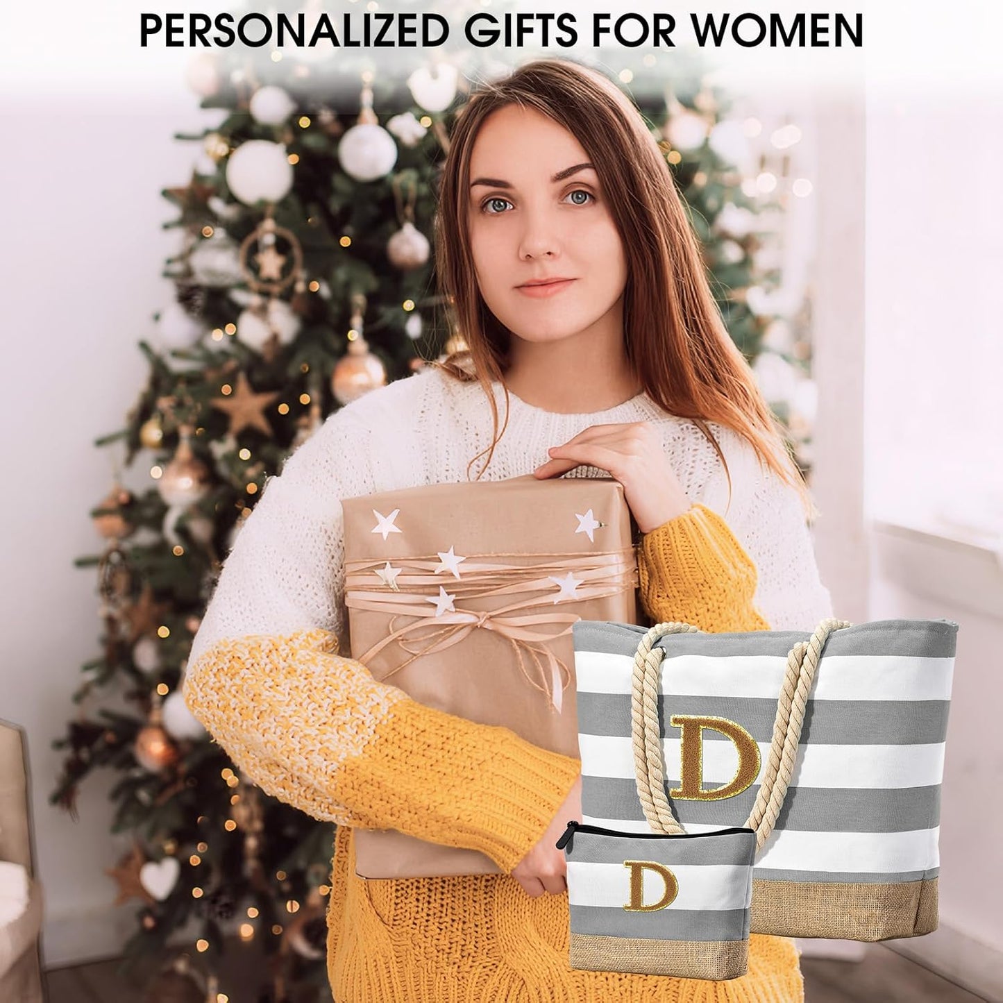 Becokan Beach Bag Initial Beach Tote with Makeup Bag for Travel Work Storage Personalized Birthday Gifts for Women Her