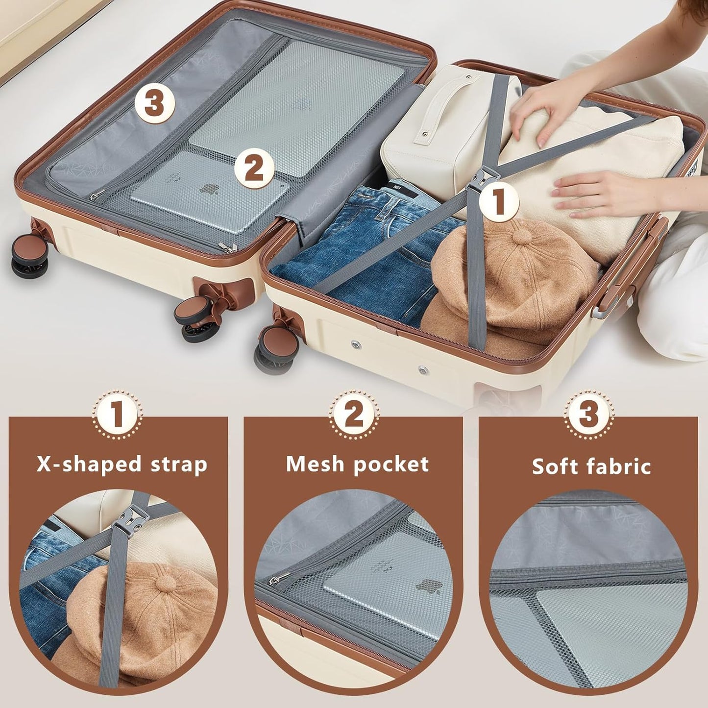 Luggage Sets Lightweight Hard Shell Suitcases with Spinner Wheels for Family Travel - Durable PC+ABS Material Carry On Luggage YKK Zippers (Beige, 6 Piece Sets (18/20/24/28/DB/TB))