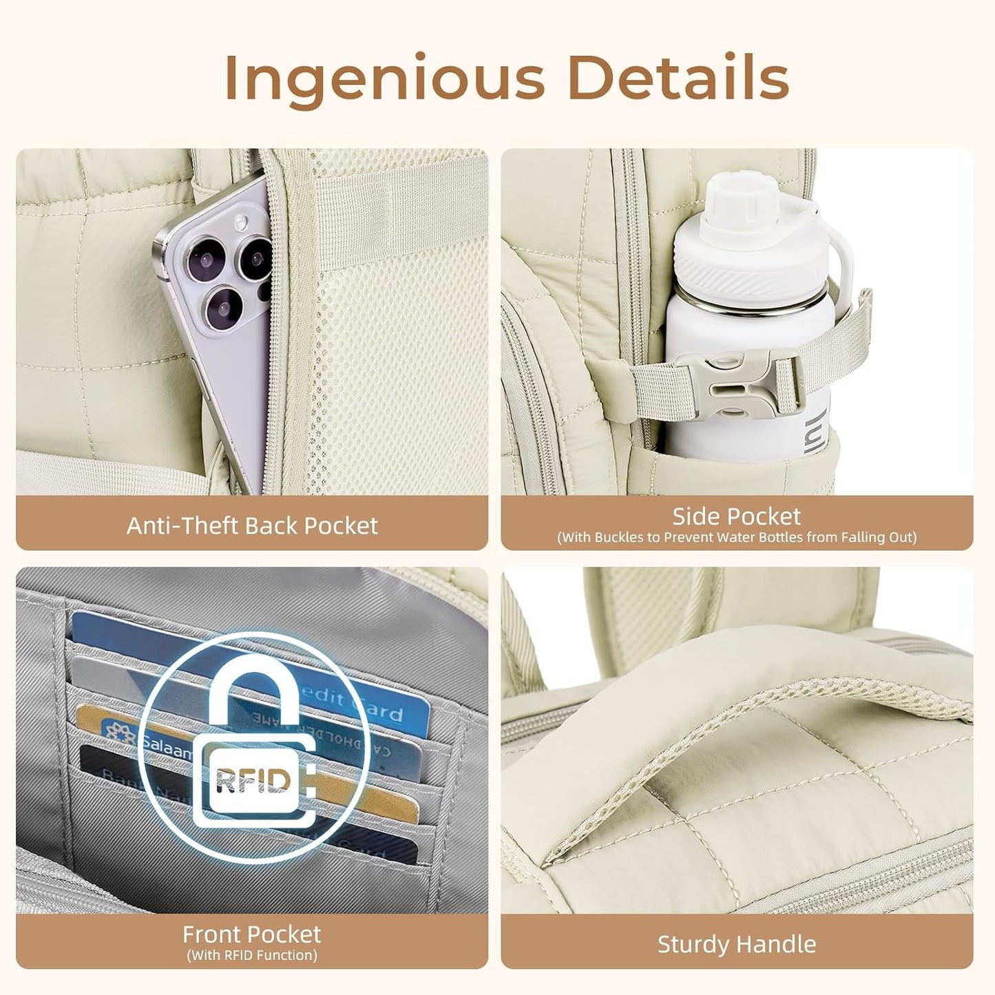 CLUCI 17.3 Inch Laptop Backpack for Women, Anti Theft Travel Backpack, Puffer Quilted Work Backpack, Water Resistant College Bookbag, Carry on backpack with RFID (Beige)