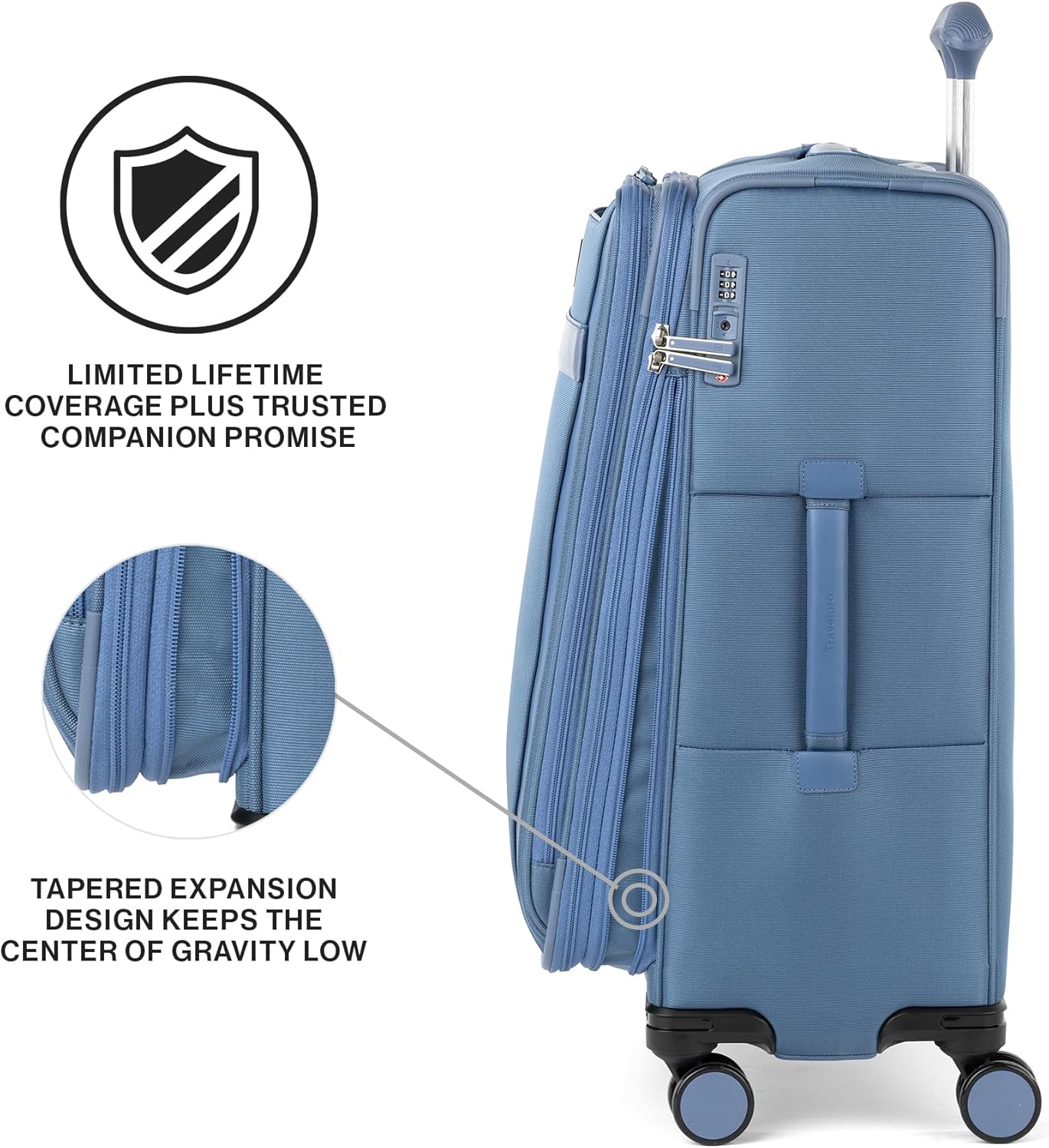 Travelpro VersaPack+ Lightweight Softside Expandable Checked Luggage, 8 Spinner Suitcase, TSA Lock, Men and Women, Checked Medium 25-Inch, Elemental Blue