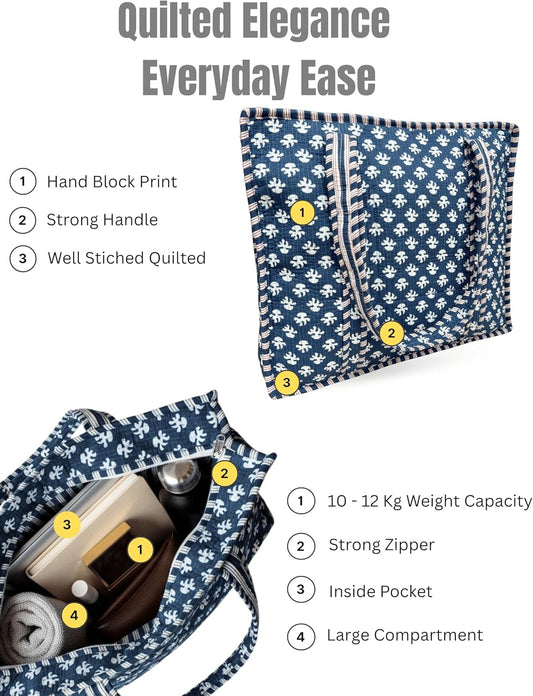 Cotton Quilted Tote Bag for Women – Large Beach & Travel Tote with Zipper, Reusable Grocery Bag
