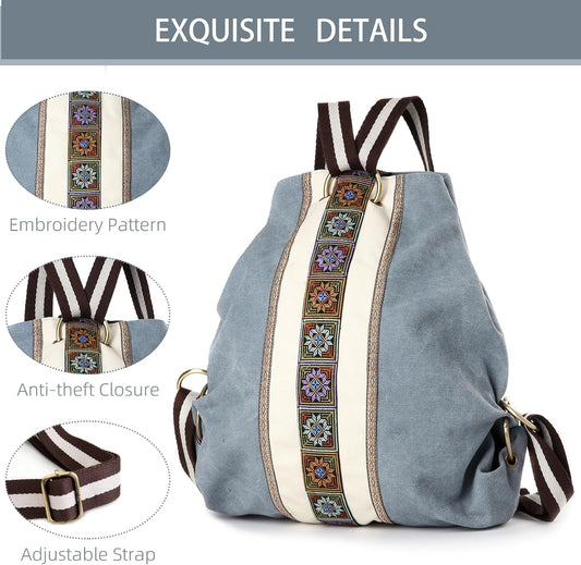 Goodhan Women Canvas Backpack Daypack Casual Shoulder Bag, Vintage Heavy-duty Anti-theft Travel Backpack (Blue Grey)