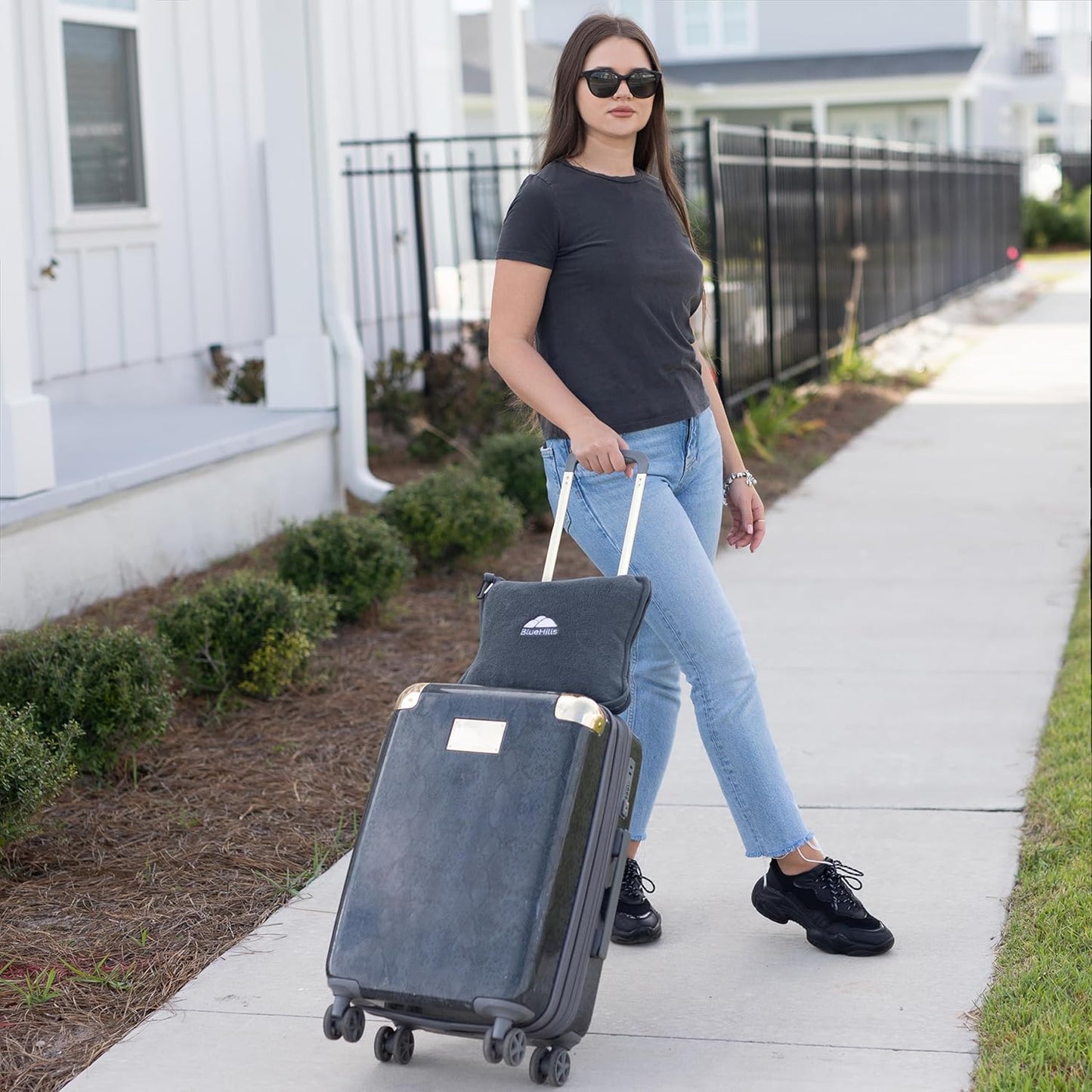 BlueHills Premium Soft Long Travel Blanket Pillow for Tall Airplane Flight Blanket Throw in Soft Bag case with Hand Luggage Belt & Backpack Clip Compact Pack Large Grey Gray T052