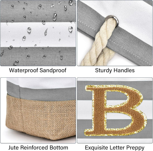 Becokan Beach Bag Initial Beach Tote with Makeup Bag for Travel Work Storage Personalized Birthday Gifts for Women Her