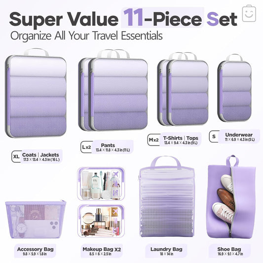 Veken 11 Set Compression Packing Cubes for Travel Essentials,Compressible Expandable Large Luggage Suitcase Organizer Bags for Clothing,Durable Space Saver Storage Bags(Light Purple)