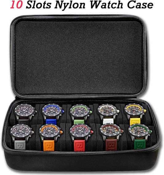 Juntan 10 Slots Hard Watch Travel Case, Portable Nylon Zipper Storage Organizer Box for Men Women with Soft Compressible Foam Pillow Black