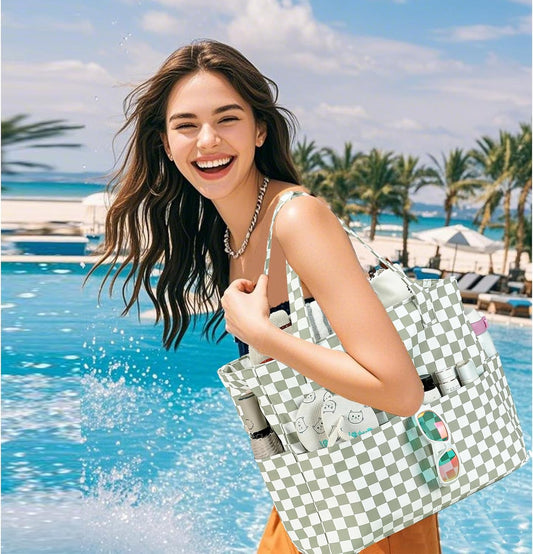 LEDAOU Large Beach Tote Bag Women Waterproof Sandproof Zipper Beach Tote Bag for Pool Gym Grocery Travel with Wet Pocket
