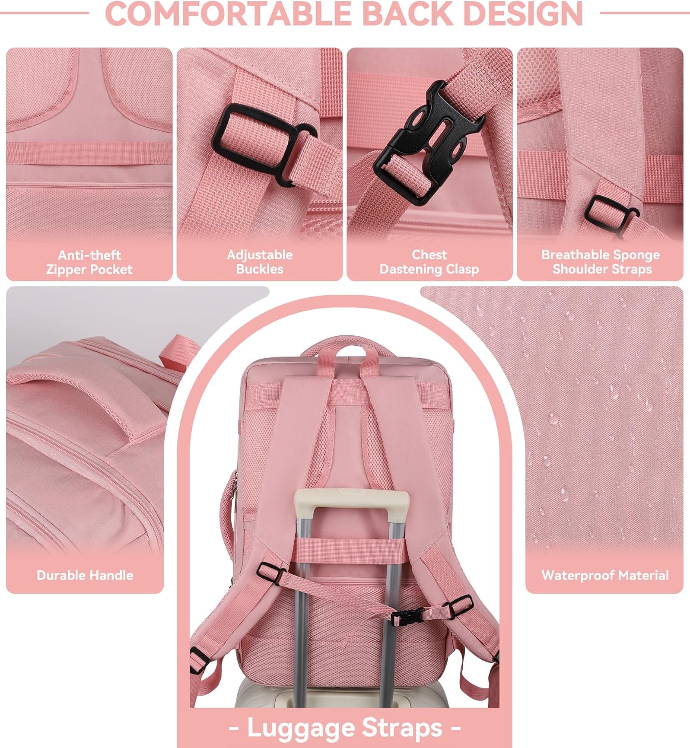 Travel Laptop Backpack for Women, 50L Expandable Extra Large Backpack,Carry On Backpack, Water Resistant Big Bag Anti-Theft Business Daypack Fits 17 Inch Laptop with USB Port, Pink