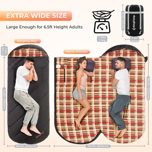 KingCamp Sleeping Bag for Adults, Cold Weather & Warm Extra Wide Big & Tall XL Portable Waterproof Flannel Sleeping Bags, Essentials Gear Accessories for Camping Backpacking Hiking Indoor & Outdoor