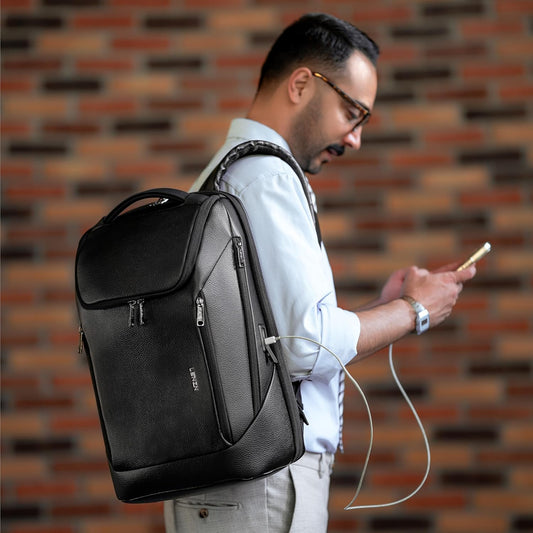 Durable Leather Laptop Business Backpack Perfect for Men & Women, Work Backpack Fits 15.6 Inch, Premium Quality Travel Bag with USB Charging Port, Water-Resistant, Bookbag with Multiple Pockets