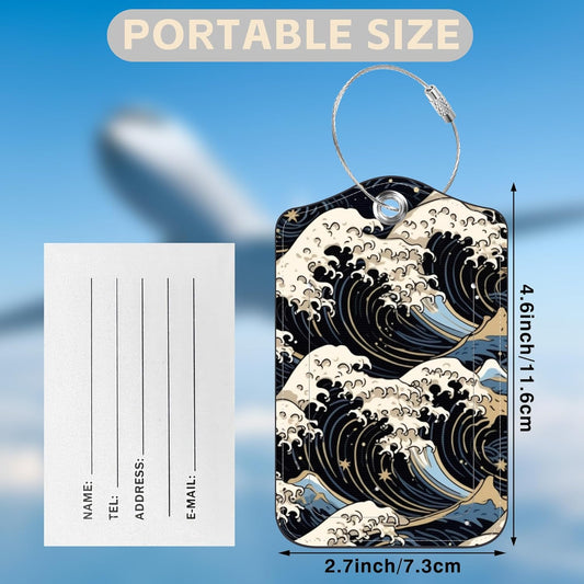 Japanese Art Blue and White Waves Set of 2 Luggage Tags for Suitcases Leather Suitcase Tags Identifiers with Privacy Name Label and Stainless Steel Loop for Women Men Travel Luggage Accessories