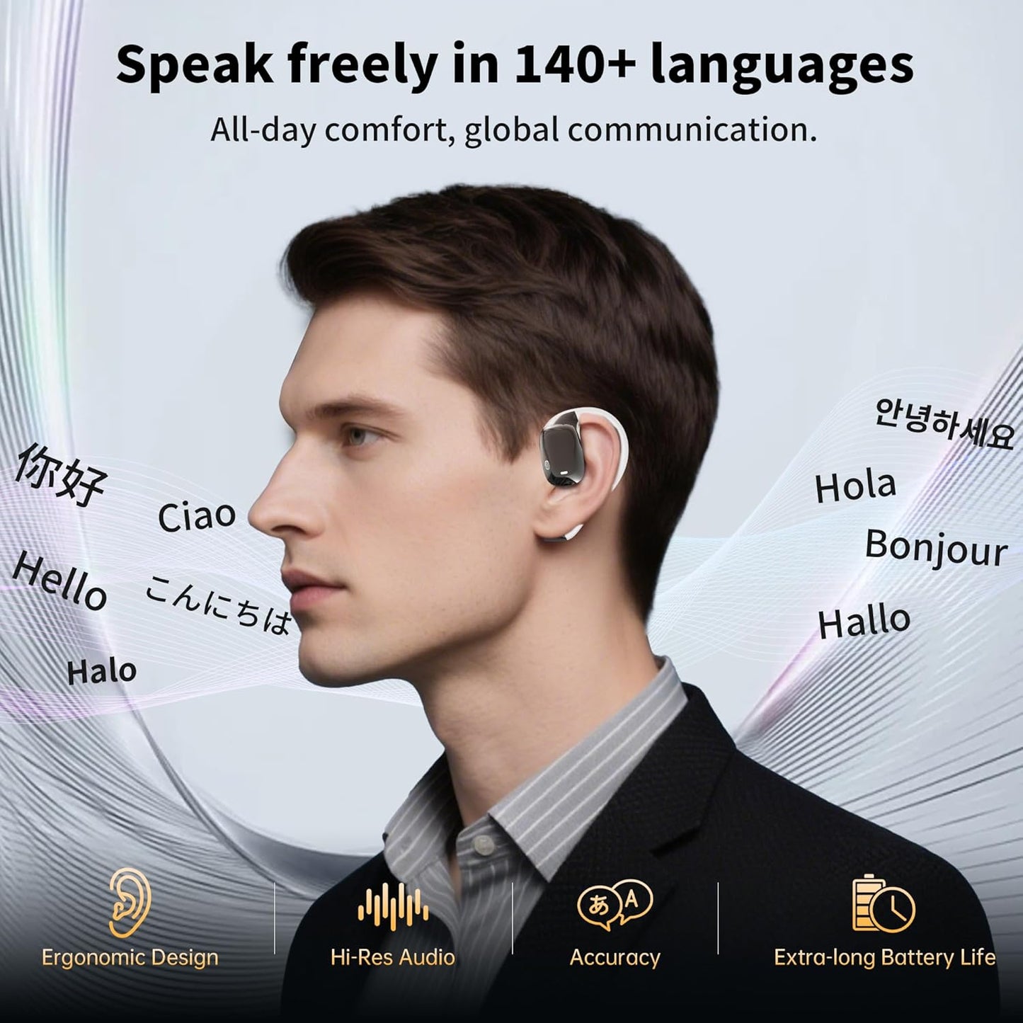 AI Translation Earbuds Real Time Languages Translator Ear Buds Audifonos Traductores Inglés Español 3-in-1 Translating Wireless Earphone Bluetooth Headphones for Travel Business Meeting Learning White