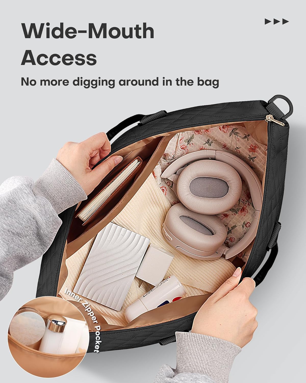 HOTOR Travel Duffel Bag - Weekender Bags for Women, Carry On Overnight Bag with Shoe Compartment, with Toiletry Bag for Travel Essentials and Travel Accessories, Black, 13.4"×17.3"×7.9"