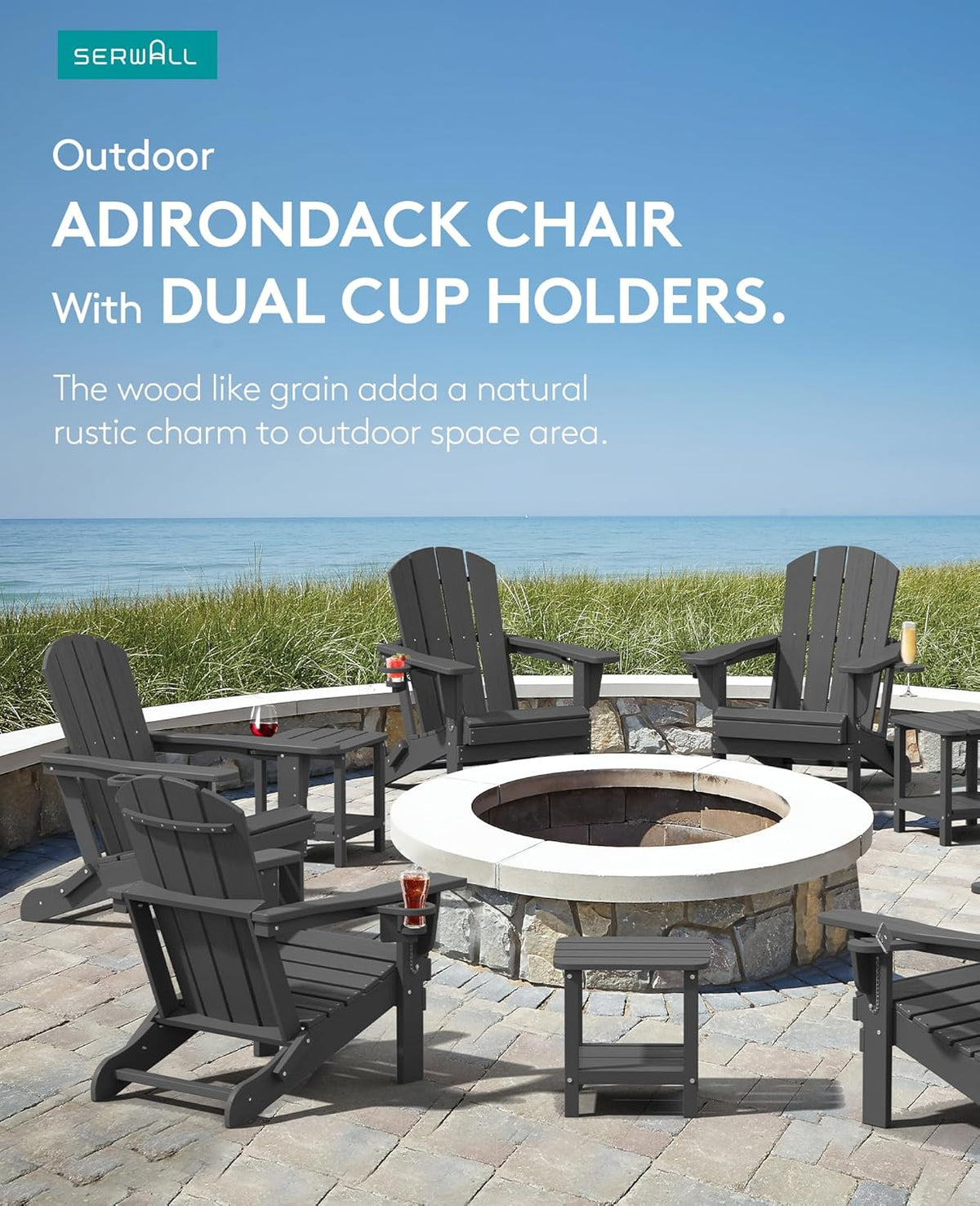 SERWALL Foldable Adirondack Chair Set of 8, Oversized HDPE Adirondack Chair with Wood-Texture-Gray