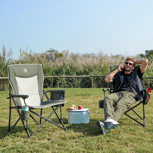 EVER ADVANCED Oversized Folding Camping Chair, for Adults Heavy Duty Lawn Chair with Side Pockets, Portable Collapsible Quad Chair for Outside, Support Up to 500lbs, Green 2Pack