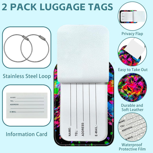 Colored Lion Head Luggage Tag for Suitcase Set of 2 PU Leather Cute Luggage Tags with Stainless Metal Loop ID Label Privacy Flap Suitcase Tags for Women and Men Travel