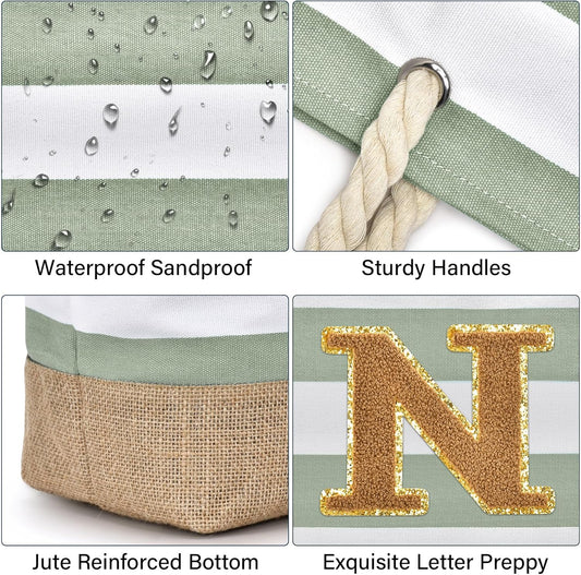 Becokan Beach Bag Initial Beach Tote with Makeup Bag for Travel Work Storage Personalized Birthday Gifts for Women Her