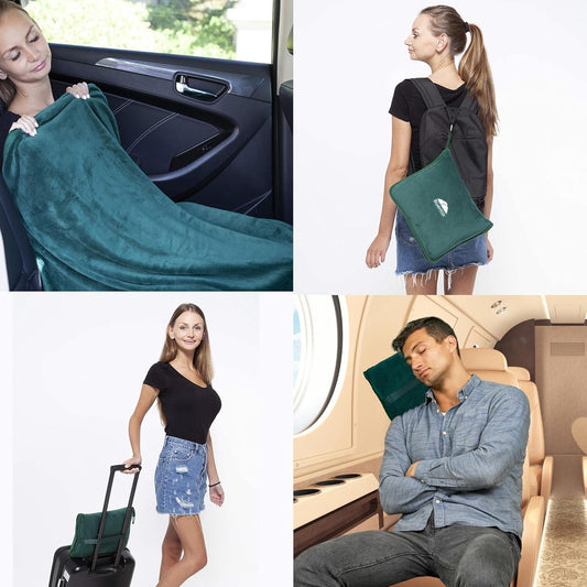 BlueHills Premium Soft Travel Blanket Pillow Airplane Flight Blanket Throw in Soft Bag Pillowcase Compact Pack Large Comfort for Travel Green (Dark Green T010)