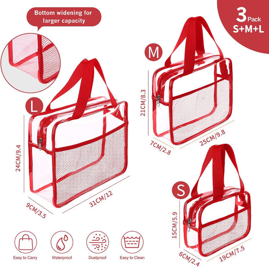 XEWEA Clear Travel Toiletry Bags, 3 Pack TSA Approved Transparent Makeup Bag for Men Women, Large Waterproof PVC Quart Organizer Kit with Zipper for Toiletries Airline Essential,Toy Storage Pouch Red
