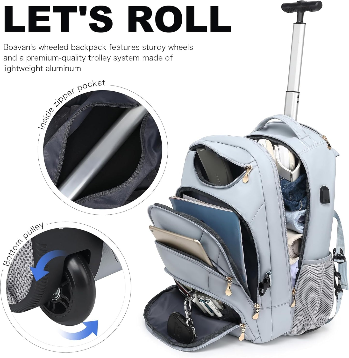 Boavan Rolling Backpack for Women, 17.3 Inch Wheeled Laptop Backpack,Large Travel Carry-On Bag for Teachers College Students, USB Charging Port Waterproof Business for Airplane Overnight Luggage,Blue
