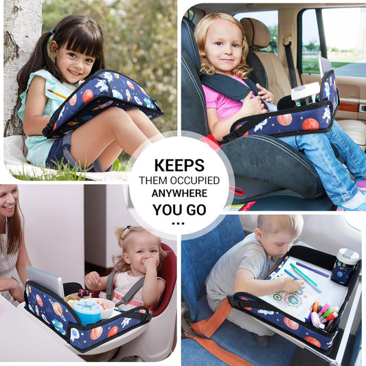 COOLBEBE Kids Travel Tray for Toddler Car Seat, Travel Tray for Airplane, Toddler Car Seat Lap Tray, Carseat Table Tray for Kids Travel Activities (Blue Space)