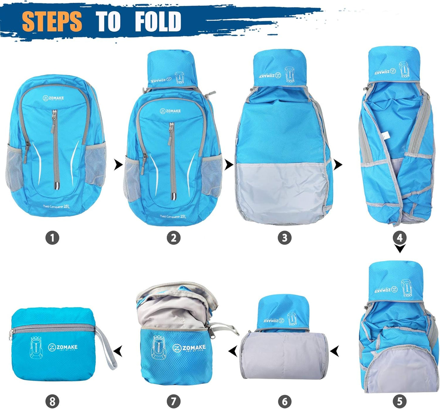 ZOMAKE Ultra Lightweight Packable Backpack 25L, Foldable Hiking Backpacks Water Resistant Small Folding Daypack for Travel(Light Blue)