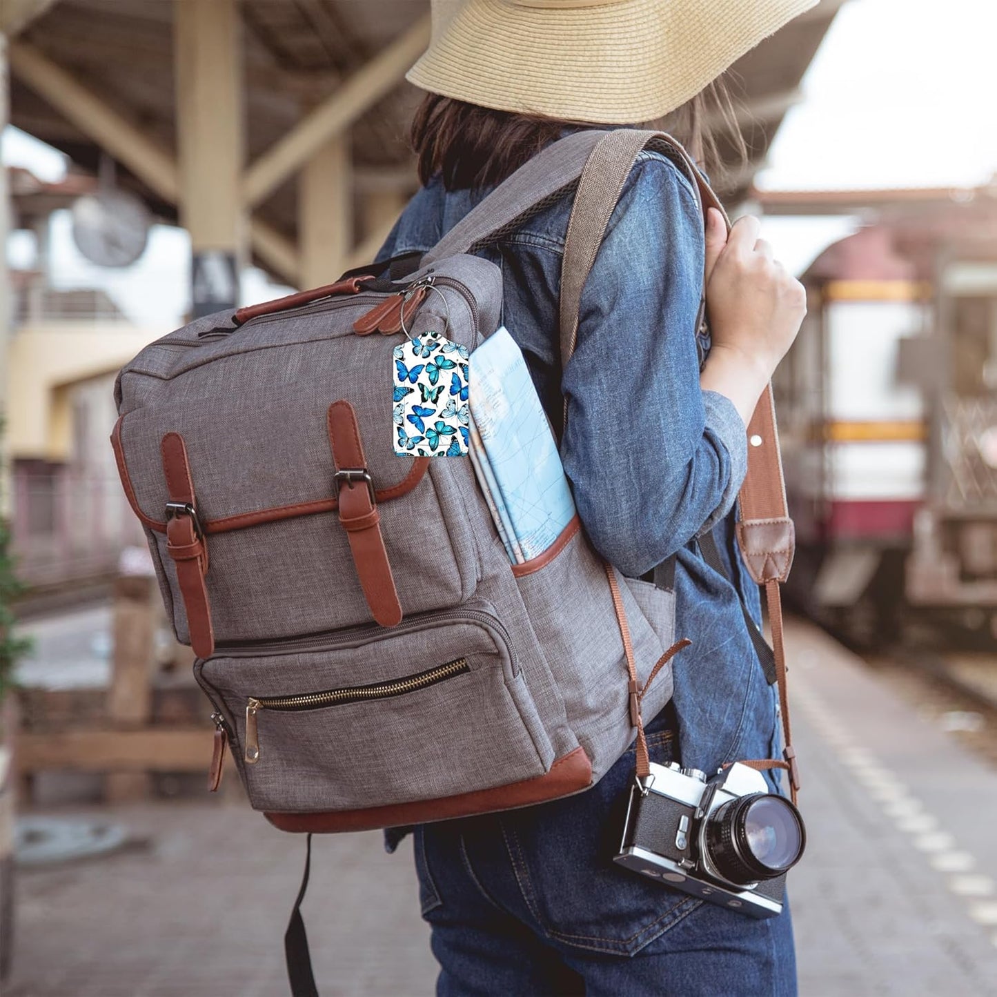 2 Pack Luggage Tag for Suitcase,Beautiful Blue Butterfly PU Leather Suitcase Tags Identifiers with Privacy Name Address Labels and Durable Steel Loop for Women Men Travel