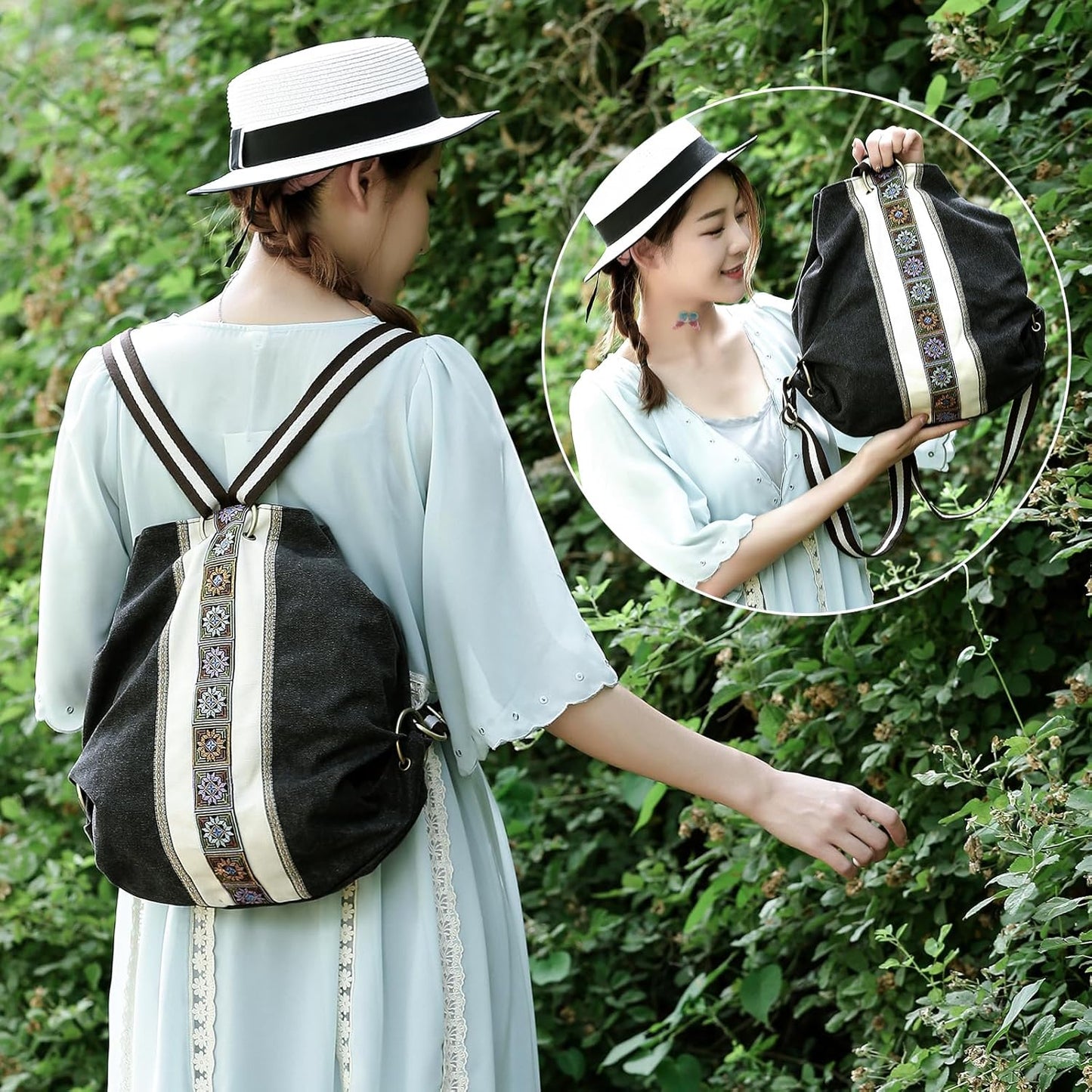 Goodhan WomCanvas Backpack Daypack Casual Shoulder Bag, Vintage Heavy-duty Anti-theft Travel Backpack(Grey Black)