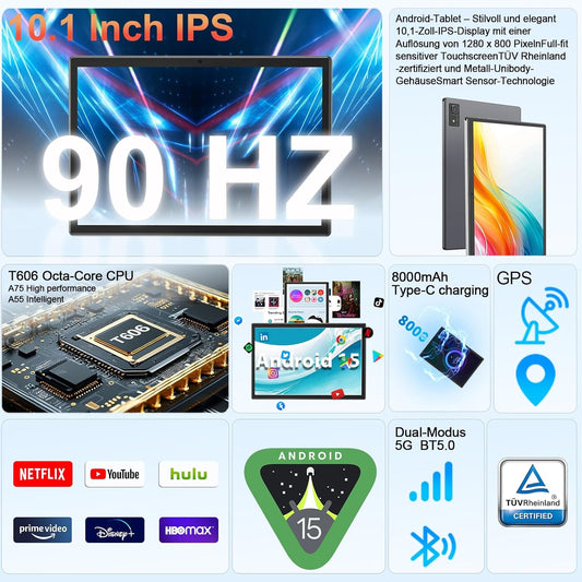 Android 15 Tablet with Keyboard, 16GB(8+8)RAM+256 Storage(Expand to 2TB), 8000mAh Battery, Widevine L1,10 Inch 2-in-1 Tablets with 5G/2.4G WiFi, BT5.0, GMS Certified, with Mouse, Case, Stylus(Black)