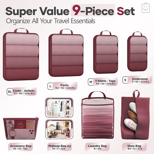 Veken 9/11 Set Compression Packing Cubes for Travel Essentials,Compressible Expandable Large Luggage Suitcase Organizer Bags for Clothing,Durable Space Saver Storage Bags with Toiletry Bags(Wine Red)