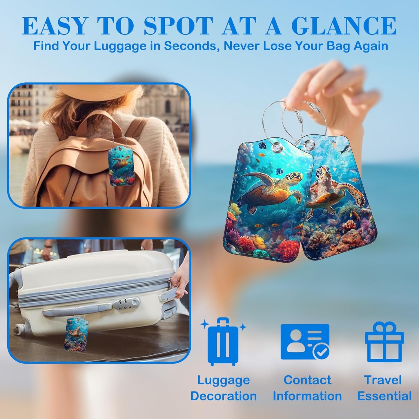 Sea Turtle Luggage Tags for Suitcases Leather Travel Tags for Luggage ID Label with Privacy Cover and Stainless Steel Loop for Men Women Suitcase Backpack, Set of 2