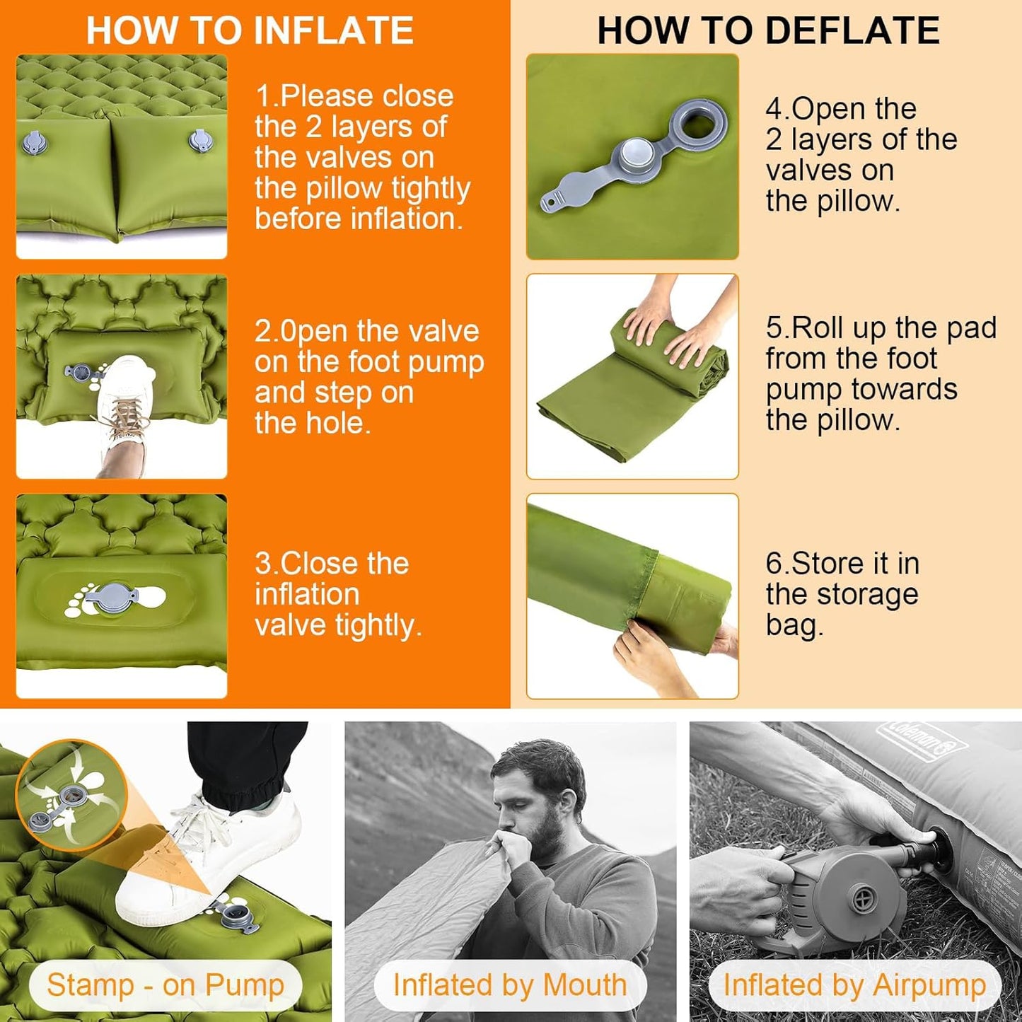 Double Sleeping Pad, Ultralight 3" Extra-Thick Self Inflating Sleeping Mat for 2 Person with Pillow Built-in Foot Pump Portable Camping Mat for Backpacking, Hiking, Traveling, Tent, Camping