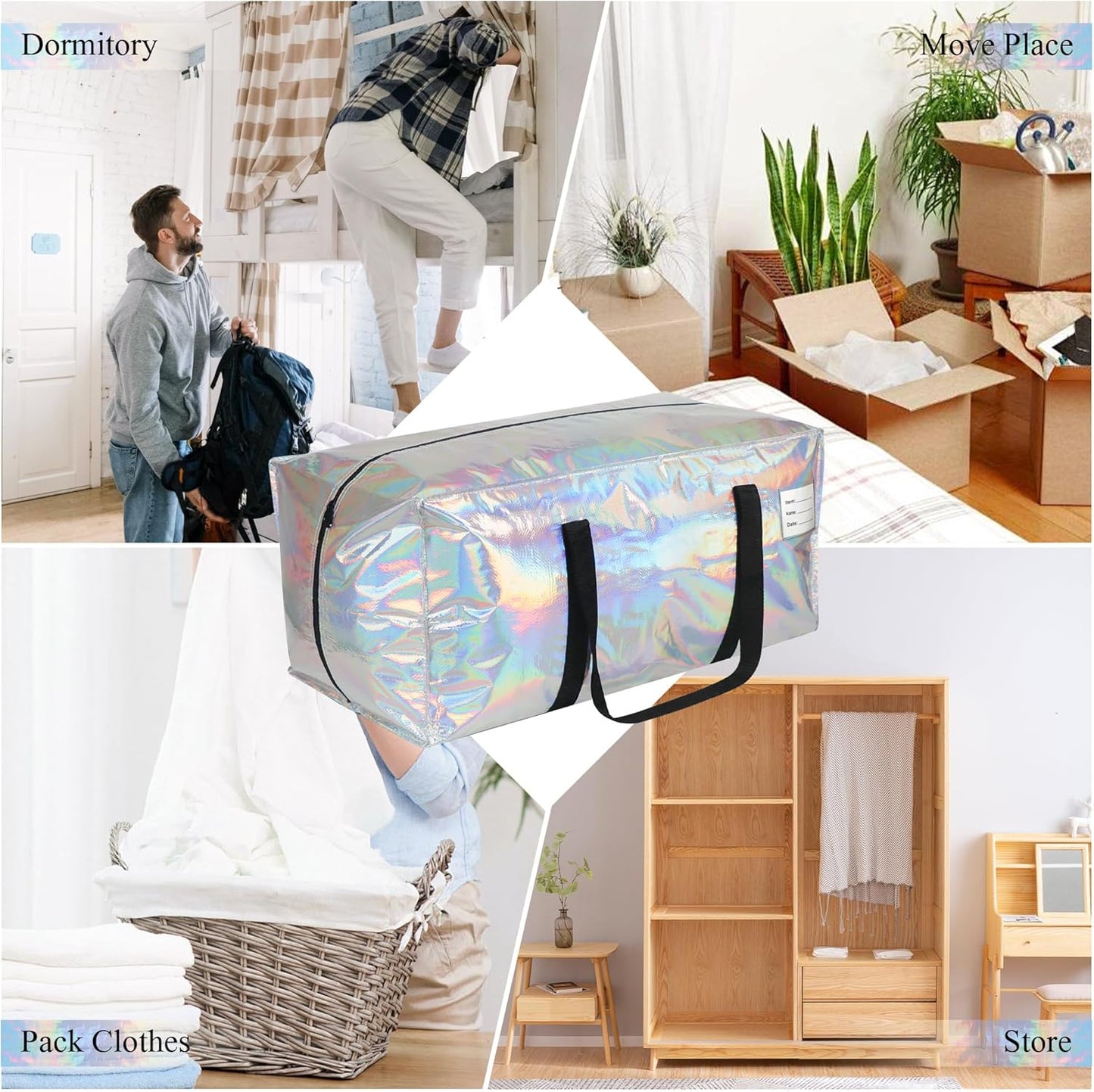 2 Pack Heavy Duty Moving Bags Extra Large Waterproof Foldable Clothing Storage Totes Bags with Zipper, Reinforced Handles, Packing Moving Boxes for Dorm & Seasonal Storage, Iridescent