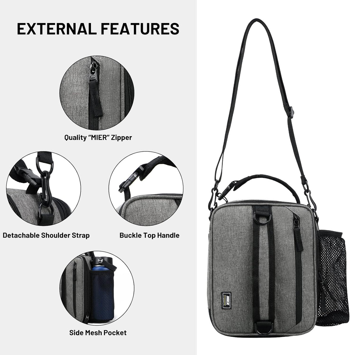 MIER Expandable Lunch Bag Insulated Lunch Box for Men to Work Travel Portable Lunchbox Bags with Shoulder Strap and Water Bottle Holder, Grey