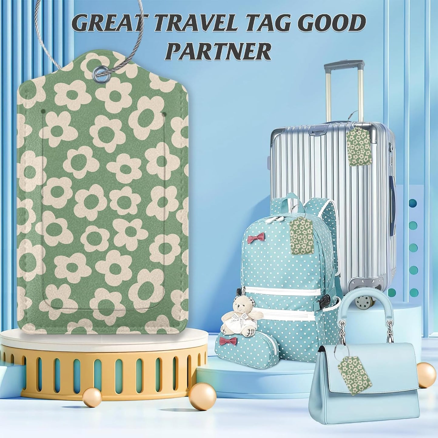 3 Pack Luggage Tag for Suitcase,Vintage Groovy Flowers Leather Luggage Tags with Privacy Cover Name ID Label Identifiers Travel Bag Tags for Women Men Boys Girls