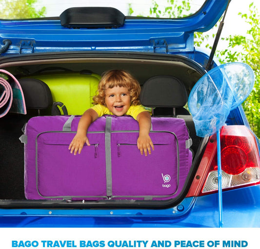 Bago Big XXL Foldable Duffel Bags for Traveling Women & Men - 140L Packable Duffle Bag for Travel with Shoe Compartment - Water Repellant, Heavy Duty, Lightweight Folding & Collapsible (Purple)