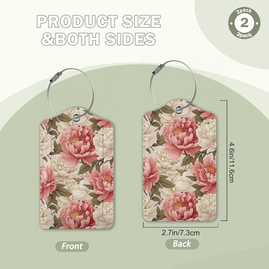 2 Pcs Peony Pink Flowers Retro Luggage Tags,Cruise Luggage Tag with Privacy Flap,Name Id Label and Steel Loop for Women Men Travel Bag Suitcase