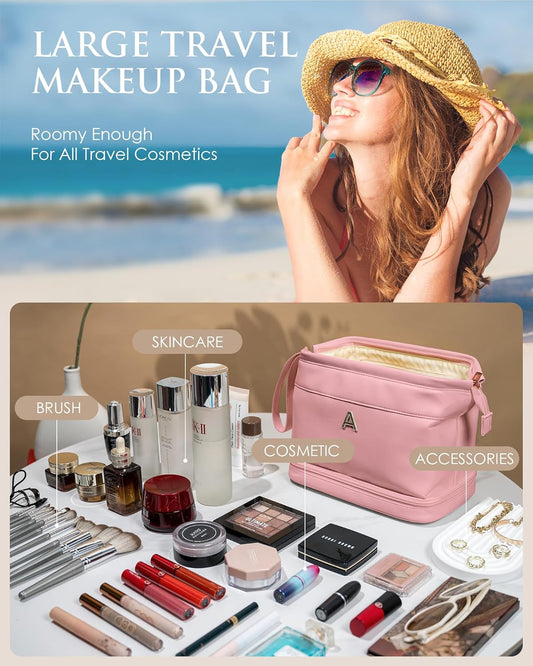 Initial Makeup Bag, Personalized Large Capacity Cosmetic Bag with Makeup Brush Organizer, Waterproof, PU Leather Pink Makeup Pouch Travel Skincare Bag, with 1 Drawstring Toiletry Organizers