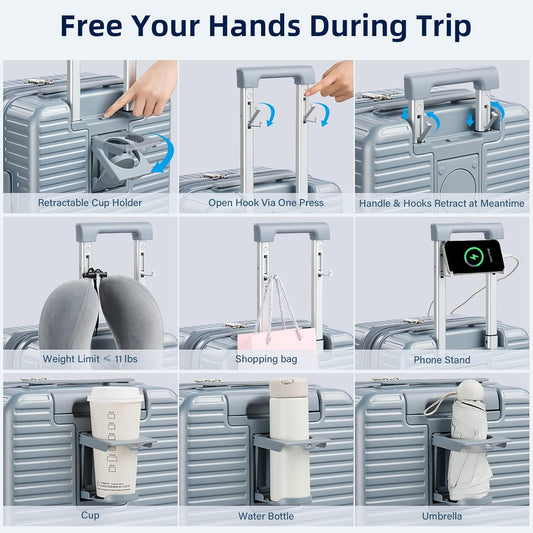 Hard Shell Suitcases Expandable Travel Luggage Sets 2 Piece, Carry on and Check in Luggage Lightweight Suitcase Set 2 Piece with Wheels Cup Holder Charger Built in (Silver, 20/28)