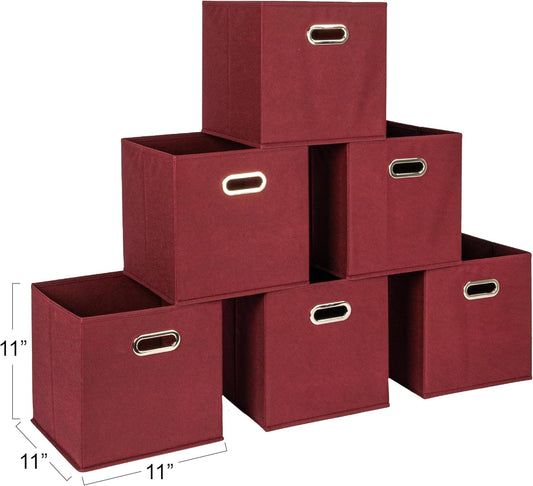 Household Essentials Fabric Storage Cube Bins, 6 Piece Set, Strong Poly-Woven Fabric, Chipboard Sides, Grommet Front Handle, Stackable and Foldable, Classic Design, Burgundy
