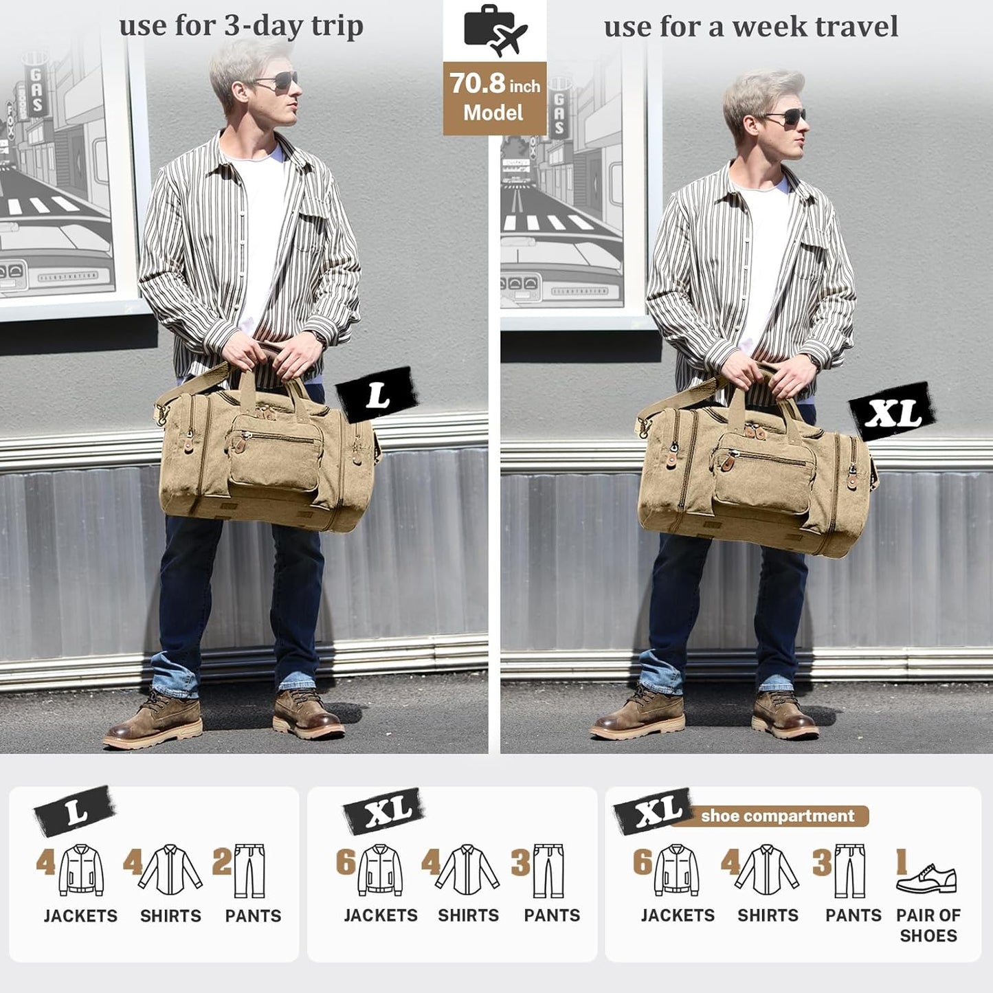 Gonex Canvas Duffle Bag for Travel 50L Expandable Duffel Weekend Overnight Bag (Khaki)