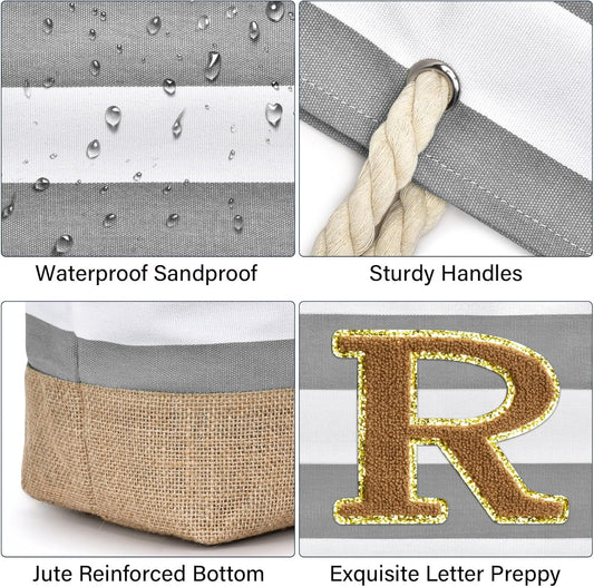 Becokan Beach Bag Initial Beach Tote with Makeup Bag for Travel Work Storage Personalized Birthday Gifts for Women Her