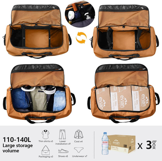 CONTAIL 32" Soft-Sided Rolling Duffle Bag with 2 Wheels,Expandable from 110L to 140L, Foldable Travel Duffel with Multiple Compartments,Brown