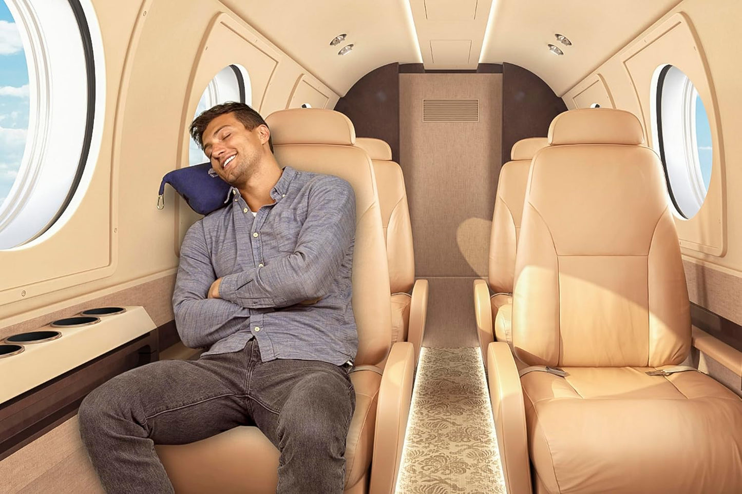 BlueHills Travel Blanket Pillow Compact Lightweight Pocket Size Airplane Traveling Essential Flight Trip Throw in Bag Portable Case Plane Accessory Navy Blue L04