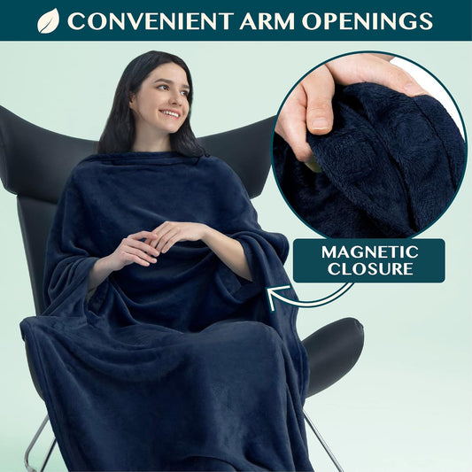 PAVILIA Travel Blanket and Pillow, Arms Opening Airplane Blankets for Adults, Compact Plane Blanket with Arm Hole 2-in-1 Bag for Flight Car Camping Fit in Luggage Backpack Traveler Gift, Navy Blue