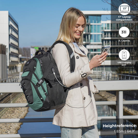 Swissdigital Design Laptop Backpack with USB Charging Port, TSA Travel Backpack Fits 15.6 inches Computer, 31L College School Backpack for Men, Lake Green/Black | SD803