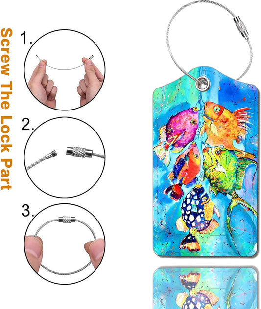 2 Pack Luggage Tag for Suitcase, Cute Unique Leather Bag Tags Identifiers Privacy Cover ID Label with Durable Steel Loop for Women Men Kids Girls Travel,Fish